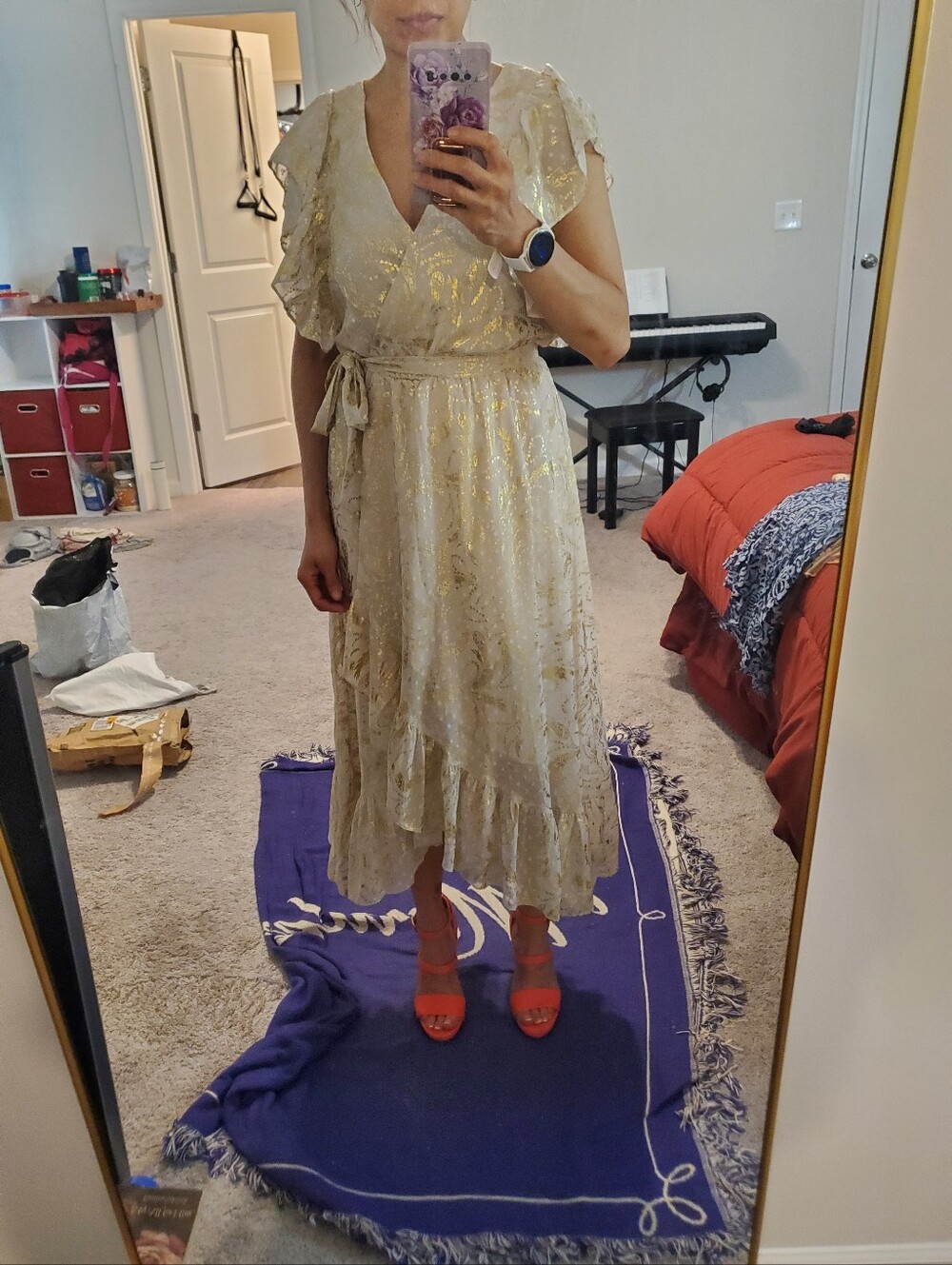 Elegant Cream and Gold Flutter-Sleeve Midi Dress